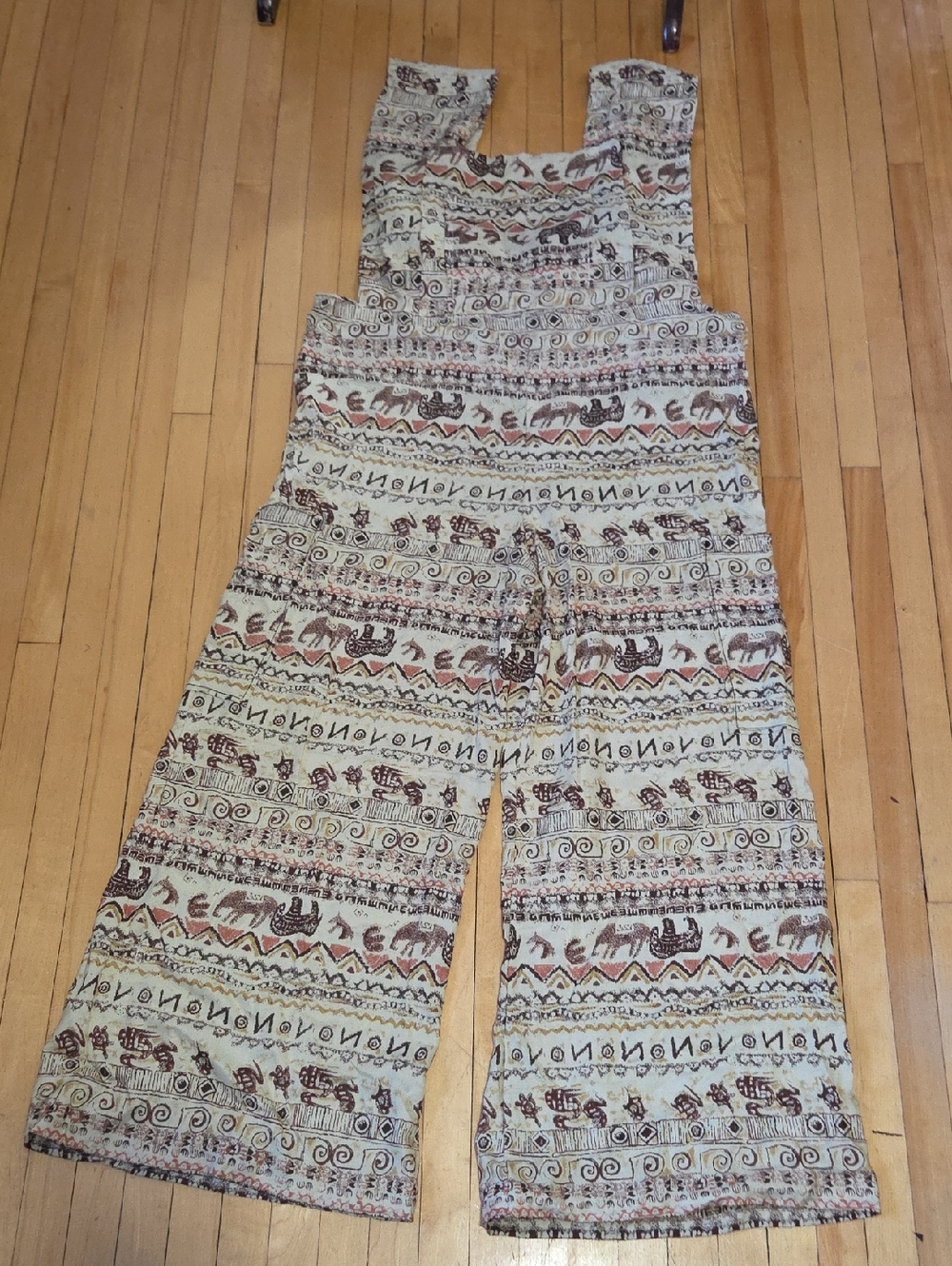 Curated Chaos By Chan - Bohemian Printed Wide-Leg Overalls in Beige Brown